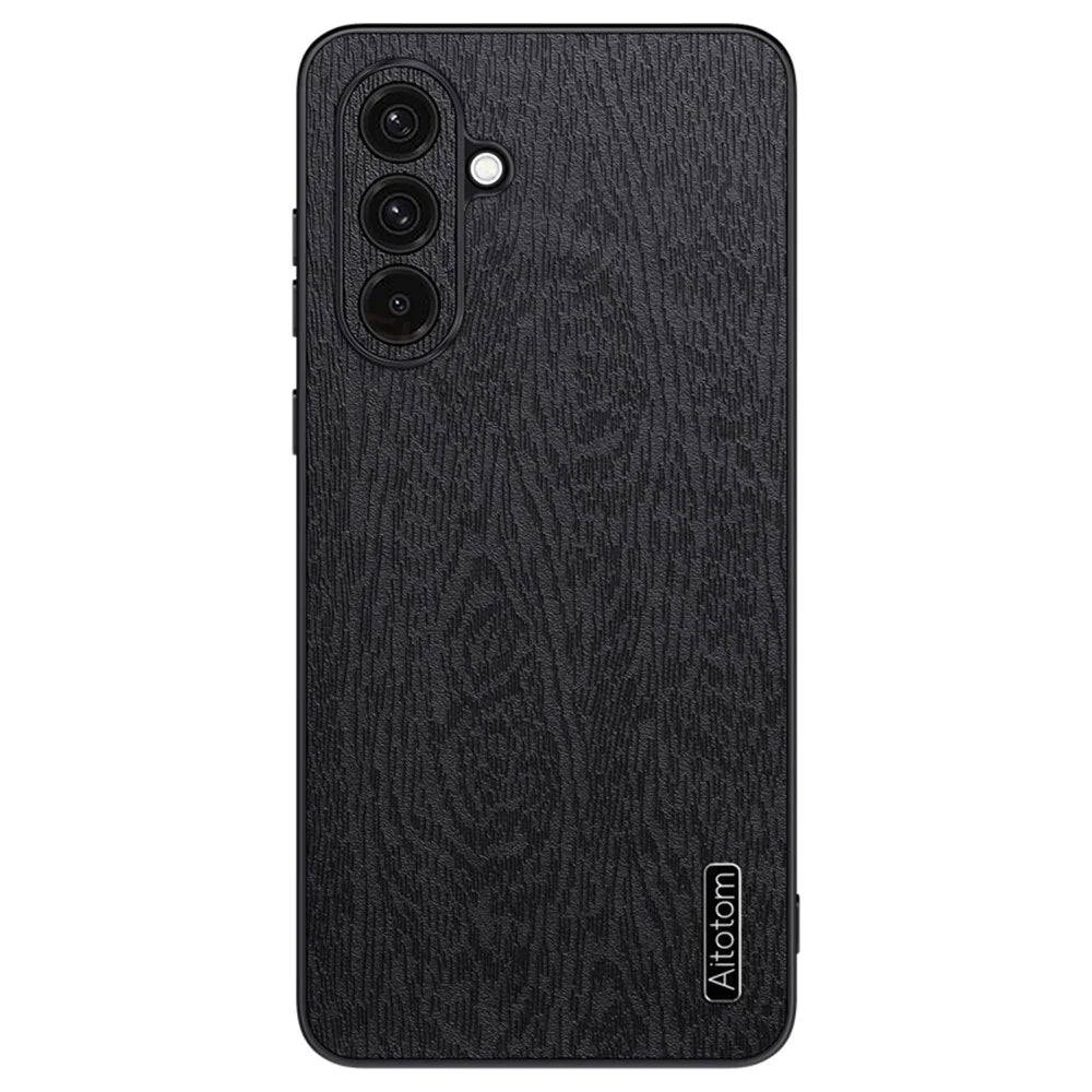 For Samsung Galaxy A27 5G Case Wood Texture PU Leather Coated PC TPU Phone Cover - Black - 1