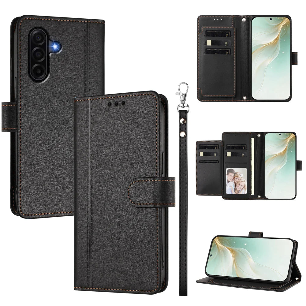 For Samsung Galaxy A37 5G / A36 5G / A56 5G Case 9 Card Slots PU Leather Flip Wallet Phone Cover with Hand Strap - Black - 1