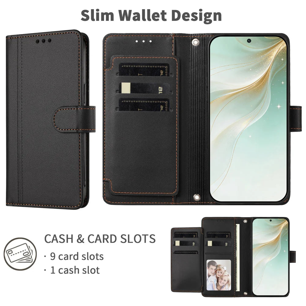 For Samsung Galaxy A37 5G / A36 5G / A56 5G Case 9 Card Slots PU Leather Flip Wallet Phone Cover with Hand Strap - Black - 5