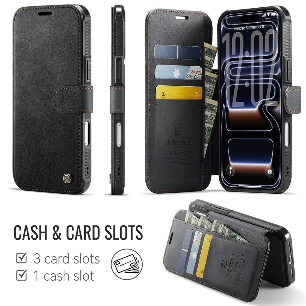 AUTSPACE A15 For iPhone 17 Pro Max Case RFID Blocking Wallet Leather Magnetic Phone Cover - Black - 2