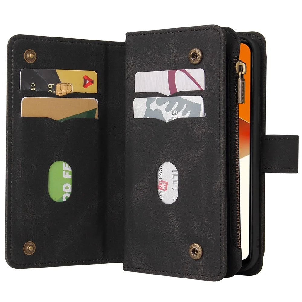 For vivo Y35 / Y22 4G / Y22s 4G Zipper Wallet Case with 15 Card Slots and Strap Leather Phone Cover - Black - 5