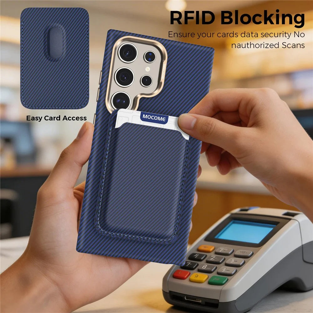 For Samsung Galaxy S24 Ultra Magnetic Case Carbon Fiber Texture Leather Back Phone Cover with Detachable Card Holder - Sapphire - 6
