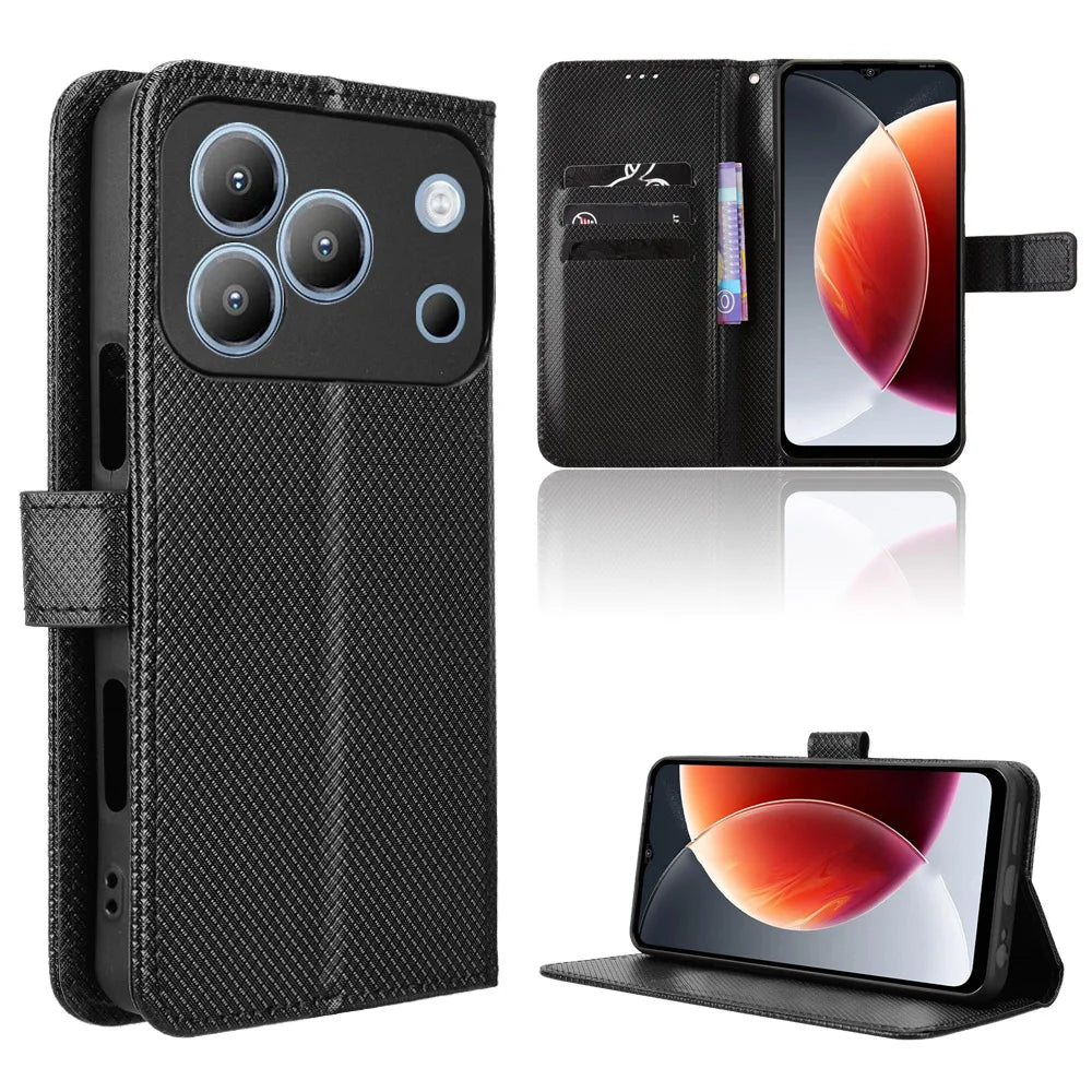 For Blackview Wave 7C Leather Wallet Case with Strap Diamond Texture Phone Cover - Black - 1
