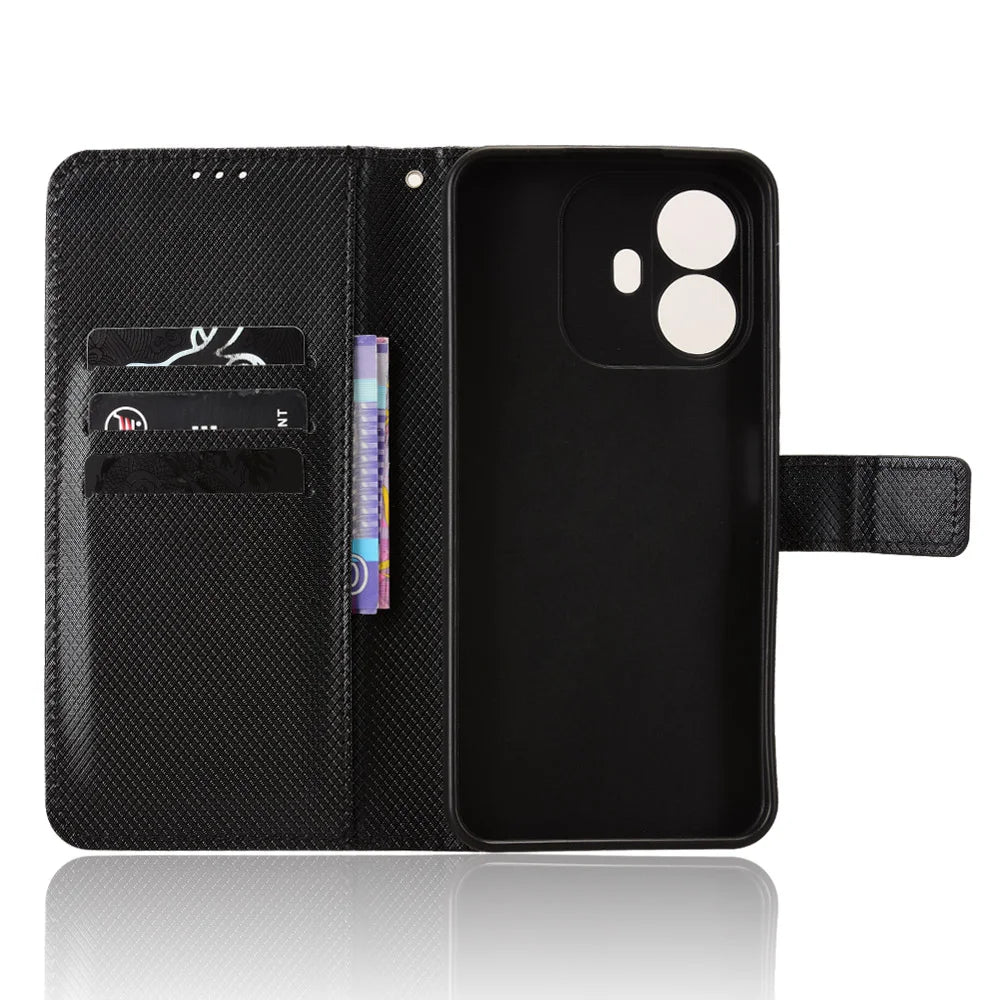 For TCL K70 4G / TCL K70 Power 4G Leather Wallet Case with Strap Diamond Texture Phone Cover - Black - 5