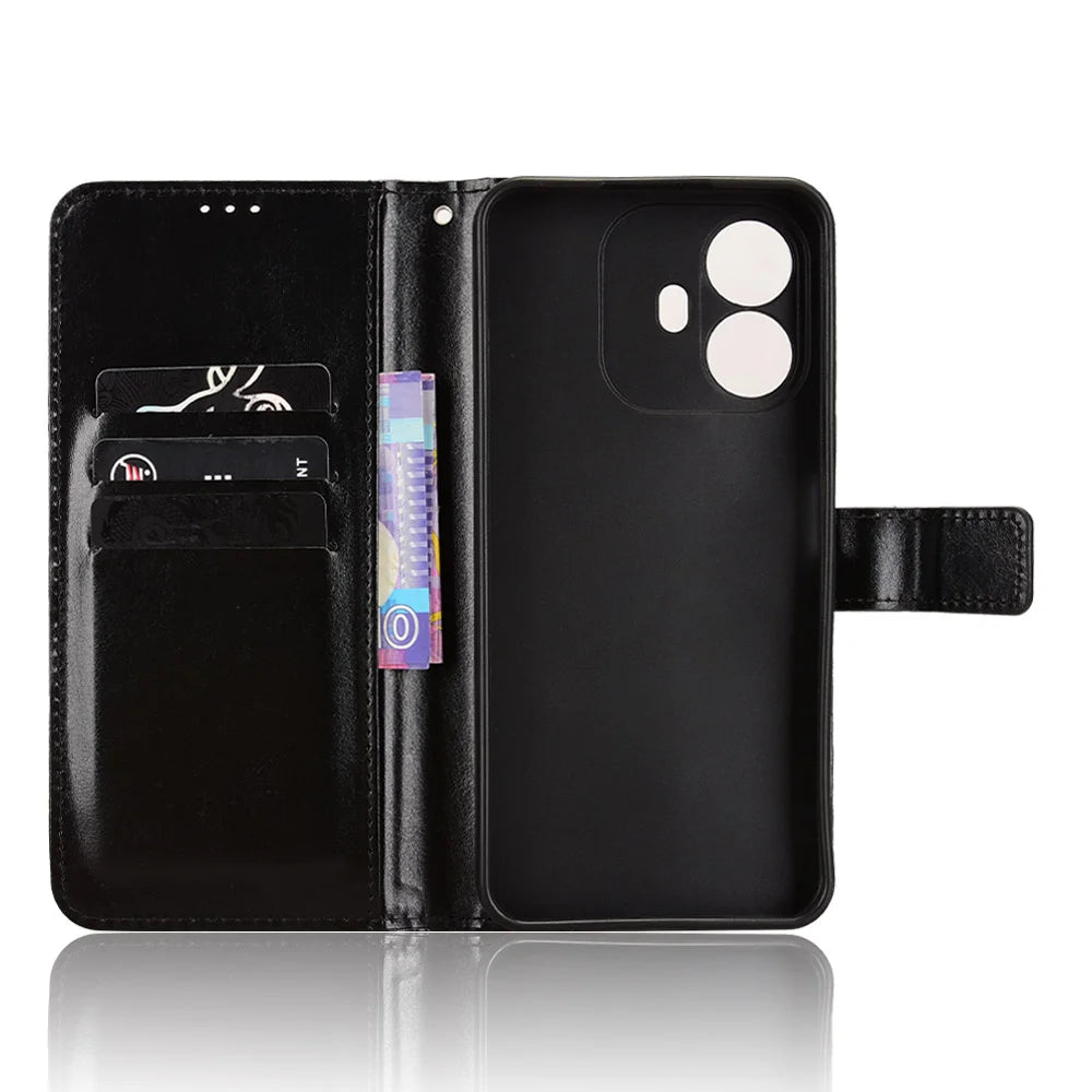 For TCL K70 4G / TCL K70 Power 4G PU Leather Case with Strap Crazy Horse Texture Phone Wallet Cover - Black - 4