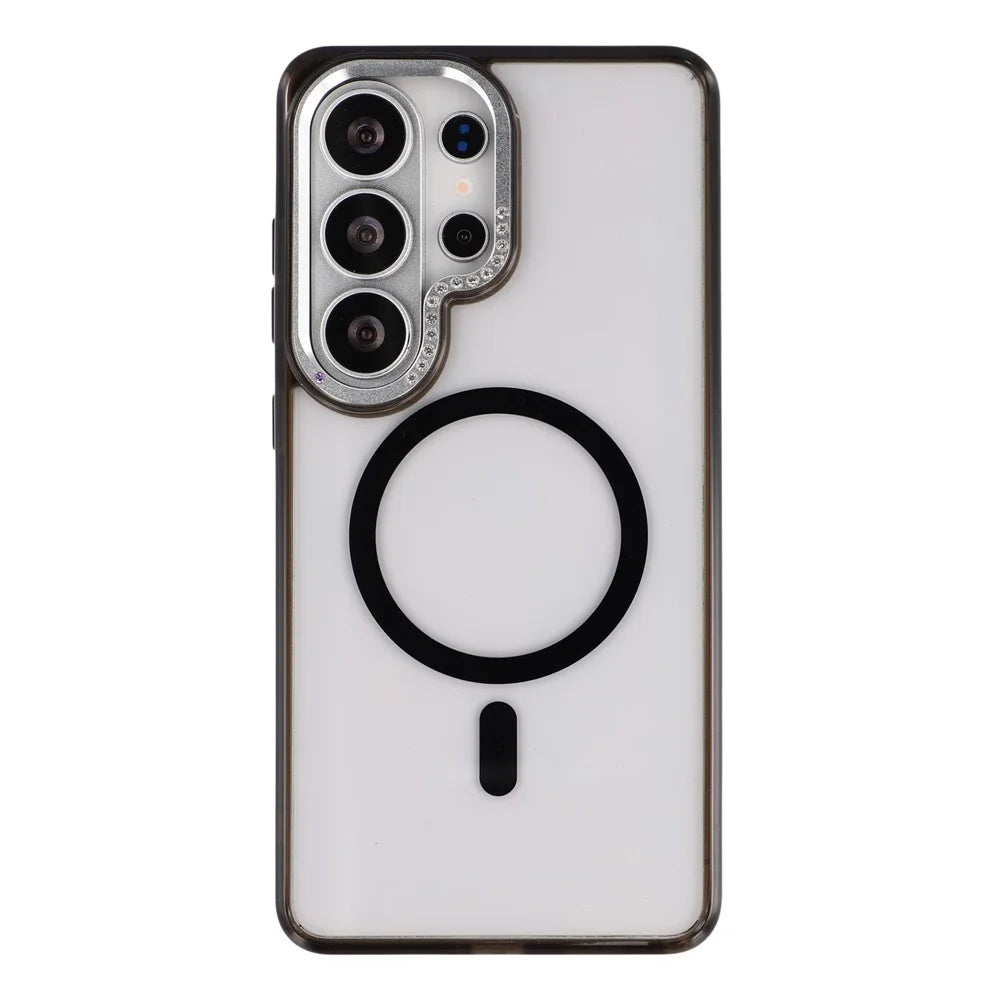 JAUCASE For Samsung Galaxy S26 Ultra Magnetic Case Rhinestone Decor Lens Frame PC + TPU Clear Phone Cover - Black - 1