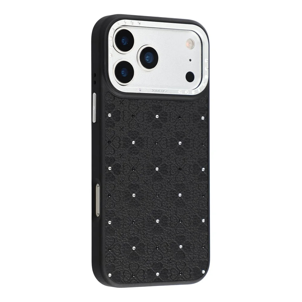 JAUCASE For iPhone 17 Pro Max Magnetic Case Rhinestone Bling Four Leaf Clover Pattern Phone Cover - Black - 1