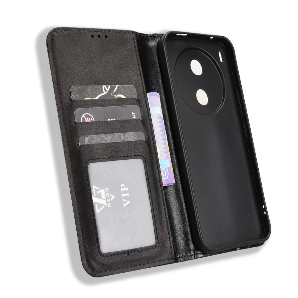 For vivo Y600 Pro 5G Leather Case Wallet Stand Retro Texture Phone Cover - Black - 5