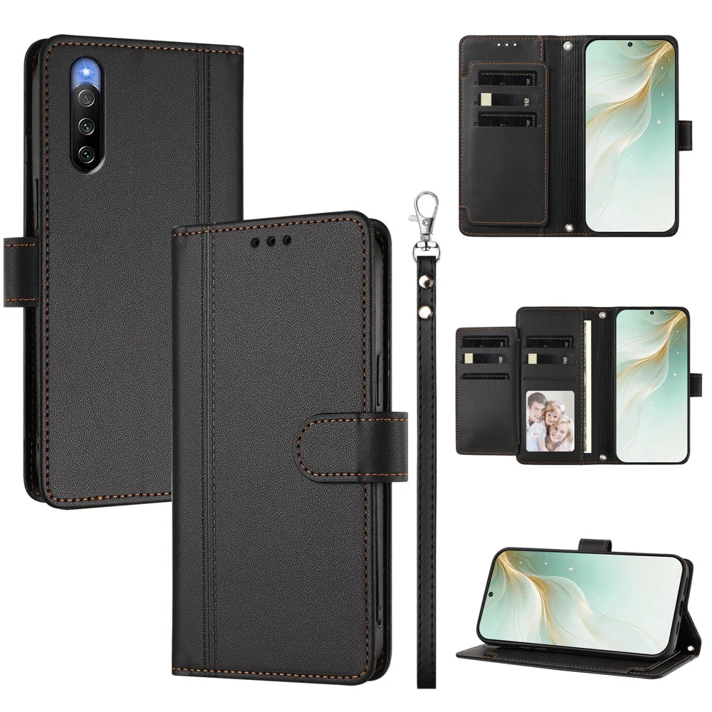 For Sony Xperia 10 III 5G Case 9 Card Slots PU Leather Flip Wallet Phone Cover with Hand Strap - Black - 1