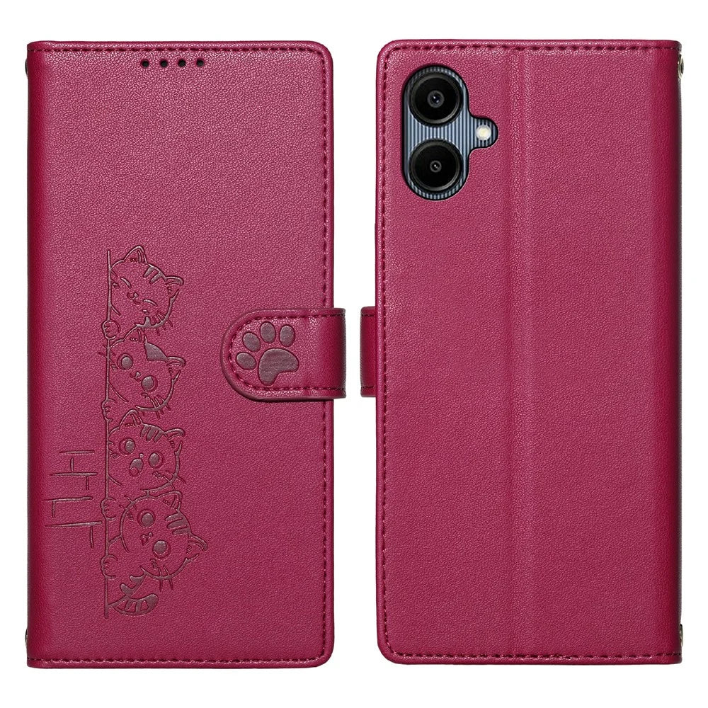 For Samsung Galaxy A08 5G / A08 4G / A07 4G Case Adorable Cat Pattern PU Leather Wallet Phone Cover with Wrist Strap - Rose - 1