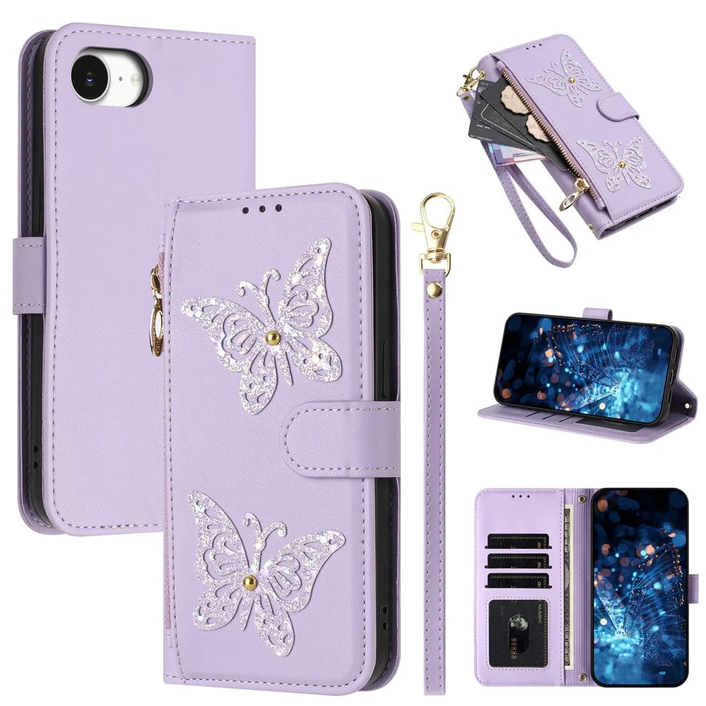 For iPhone 17e  /  16e Case Glitter Butterfly Zipper Pocket Stand Leather Phone Cover with Hand Strap / Shoulder Strap - Light Purple - 1