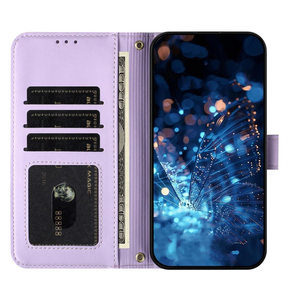 For iPhone 17e  /  16e Case Glitter Butterfly Zipper Pocket Stand Leather Phone Cover with Hand Strap / Shoulder Strap - Light Purple - 3