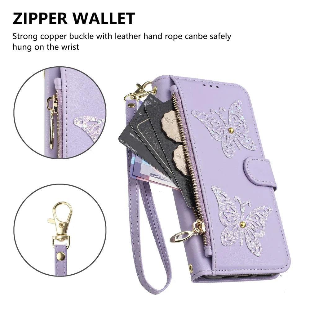 For iPhone 17e  /  16e Case Glitter Butterfly Zipper Pocket Stand Leather Phone Cover with Hand Strap / Shoulder Strap - Light Purple - 5