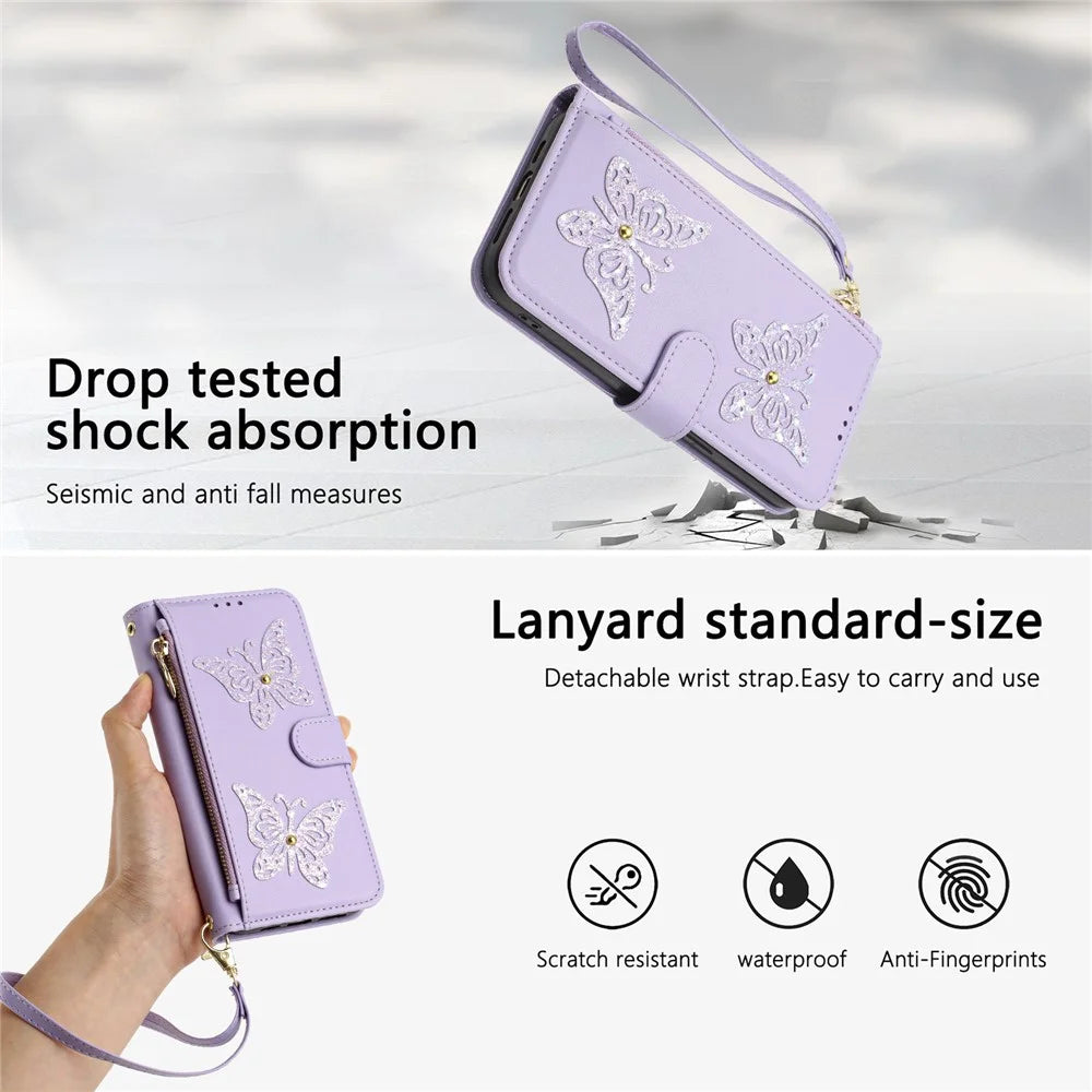 For iPhone 17e  /  16e Case Glitter Butterfly Zipper Pocket Stand Leather Phone Cover with Hand Strap / Shoulder Strap - Light Purple - 6