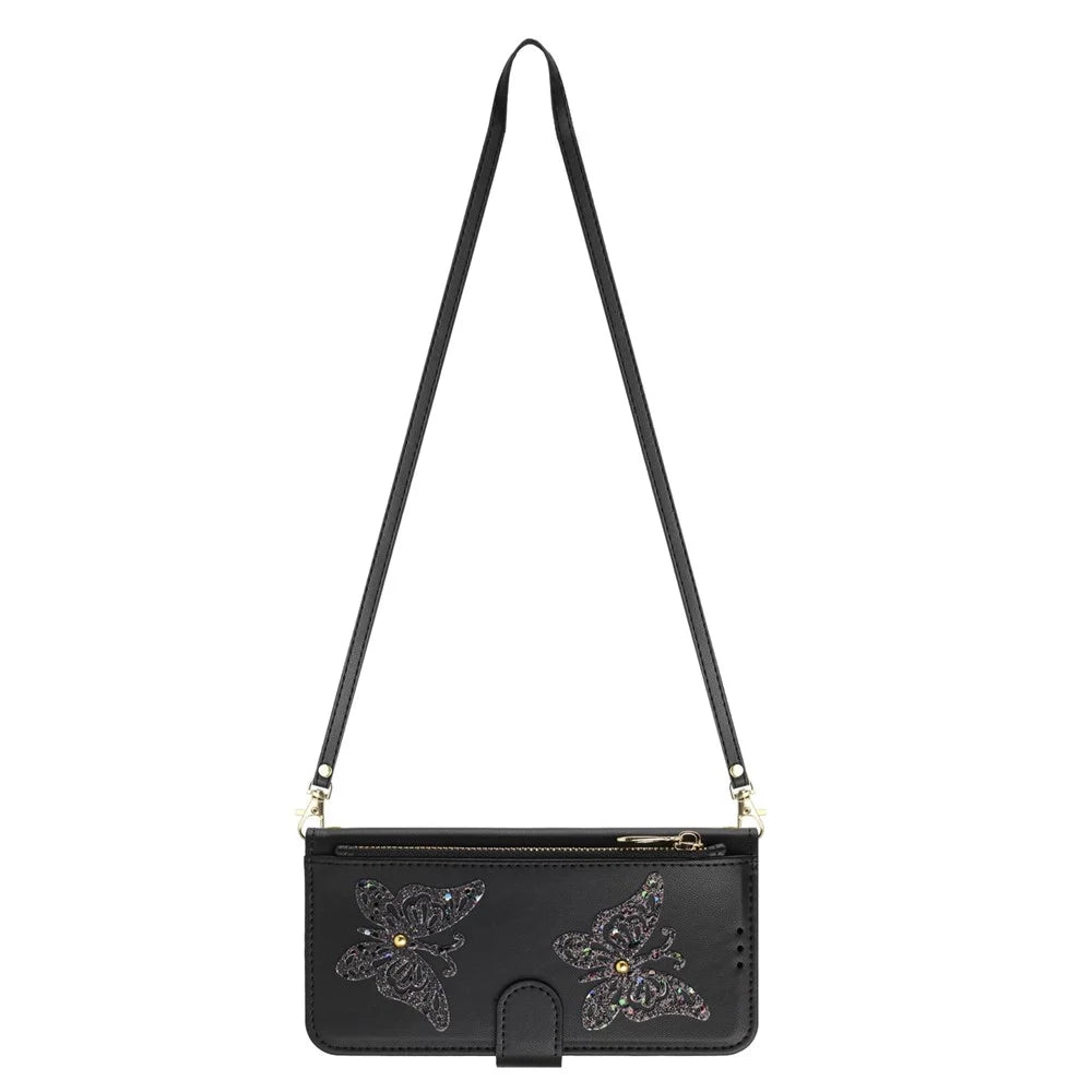 For Samsung Galaxy S26 Case Glitter Butterfly Zipper Pocket Stand Leather Phone Cover with Hand Strap / Shoulder Strap - Black - 4