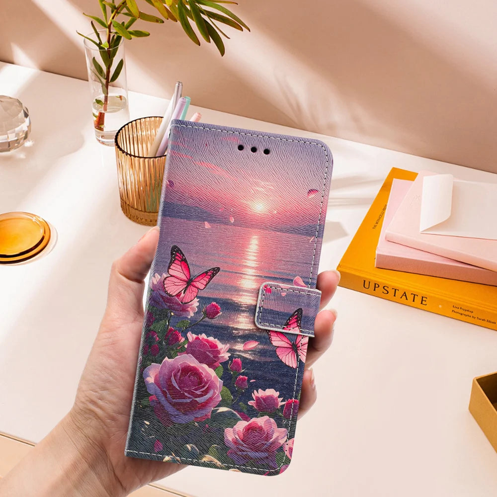 For iPhone 18 Pro Max / 17 Pro Max Case Pattern Printing PU Leather Flip Wallet Phone Cover with Wrist Strap - Rose Butterfly - 7