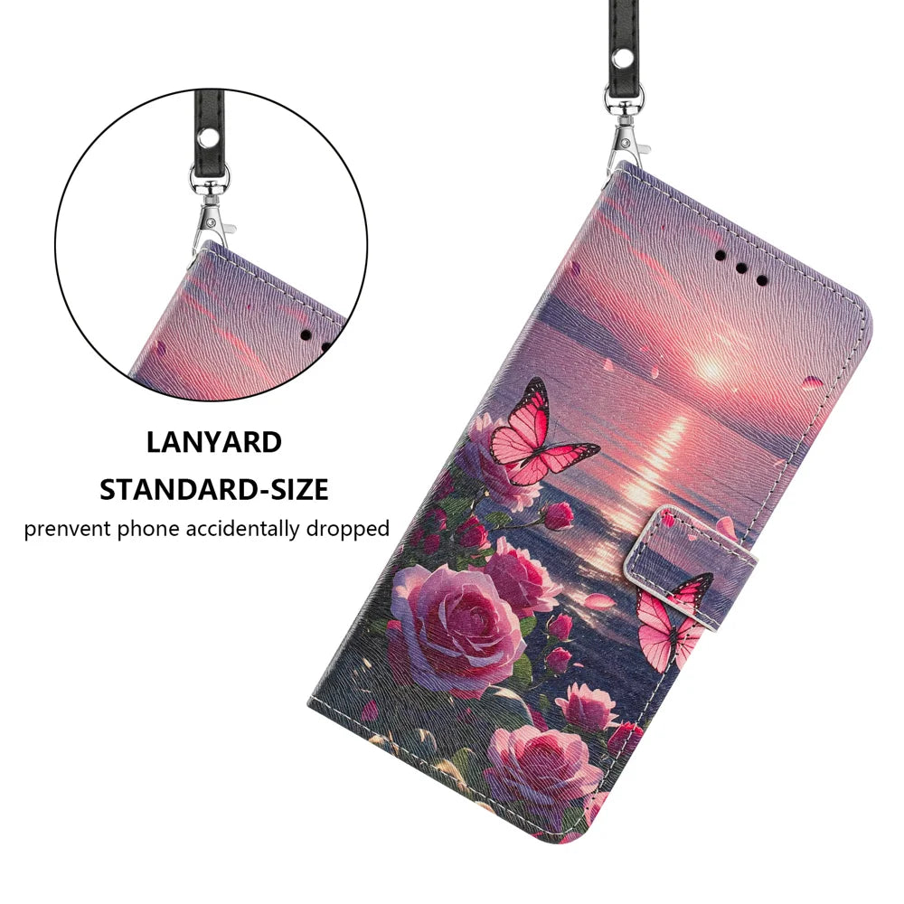 For iPhone 18 Pro / 17 Pro Case Pattern Printing PU Leather Flip Wallet Phone Cover with Wrist Strap - Rose Butterfly - 4