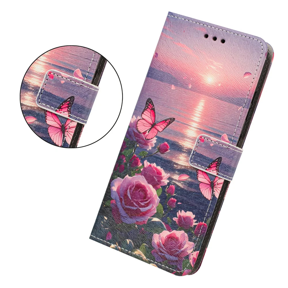 For iPhone 18 Pro / 17 Pro Case Pattern Printing PU Leather Flip Wallet Phone Cover with Wrist Strap - Rose Butterfly - 5