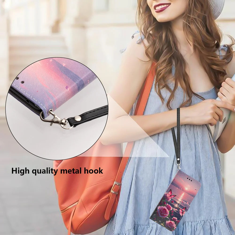 For iPhone 18 Pro / 17 Pro Case Pattern Printing PU Leather Flip Wallet Phone Cover with Wrist Strap - Rose Butterfly - 6