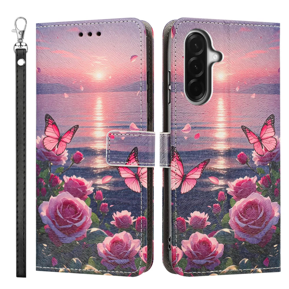 For Samsung Galaxy A57 5G Case Pattern Printing PU Leather Flip Wallet Phone Cover with Wrist Strap - Rose Butterfly - 1
