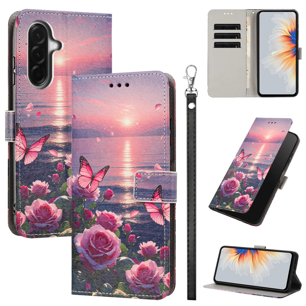For Samsung Galaxy A57 5G Case Pattern Printing PU Leather Flip Wallet Phone Cover with Wrist Strap - Rose Butterfly - 2