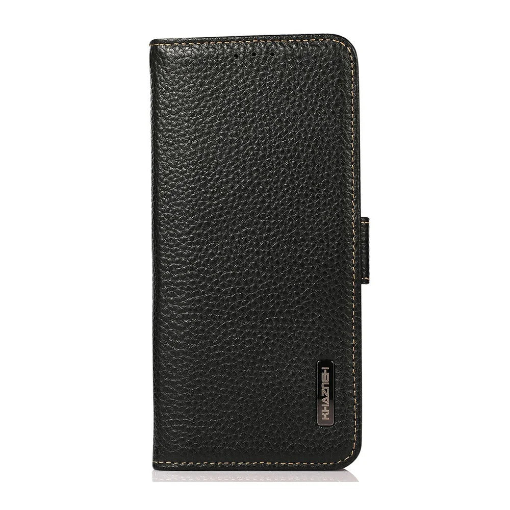 KHAZNEH for OnePlus Ace 6 Ultra 5G Phone Case Litchi Texture Genuine Cow Leather Cover RFID Blocking - Black - 6