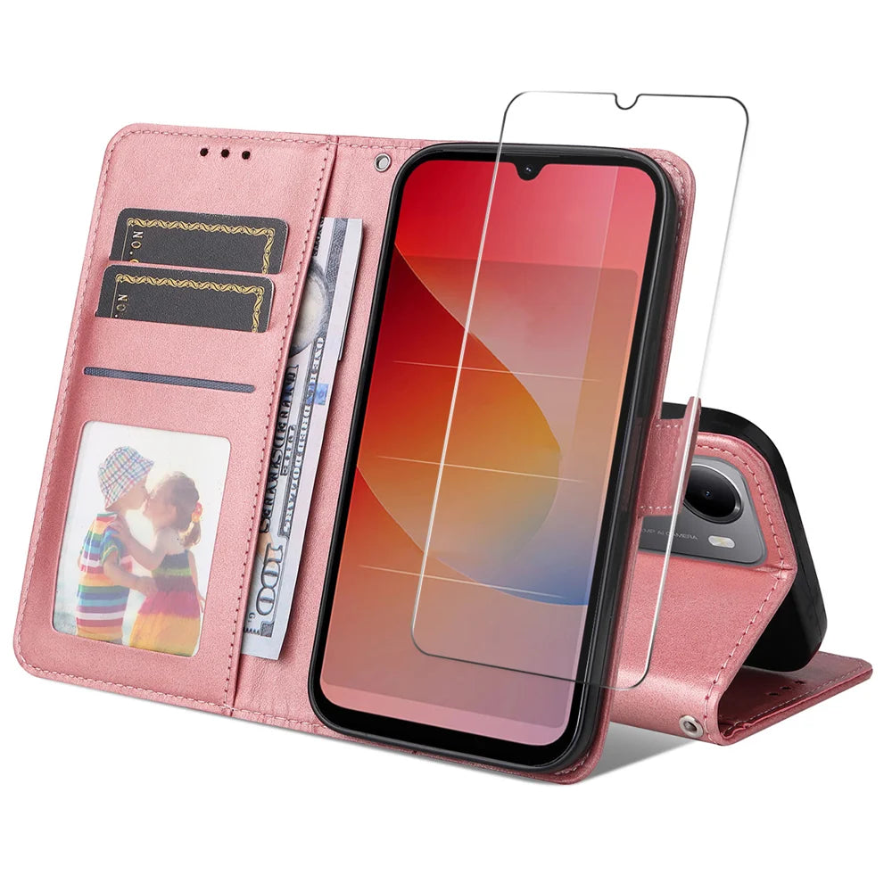 HAT PRINCE for Xiaomi Redmi 15a 5G PU Leather Wallet Case ENKAY  Phone Stand Cover with 9H Tempered Glass - Pink - 1