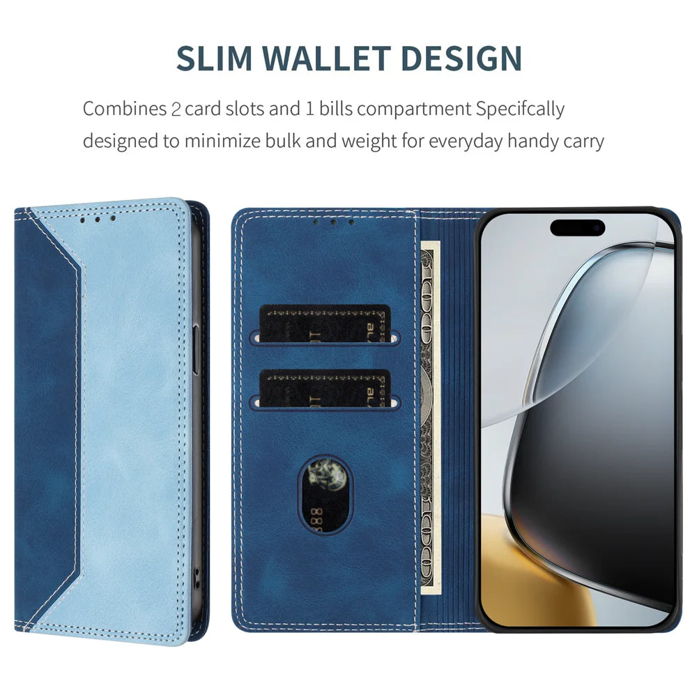 For OnePlus Ace 6 Ultra 5G Leather Case Skin Touch Color Splicing RFID Blocking Wallet Stand Phone Cover - Dark Blue / Blue - 3