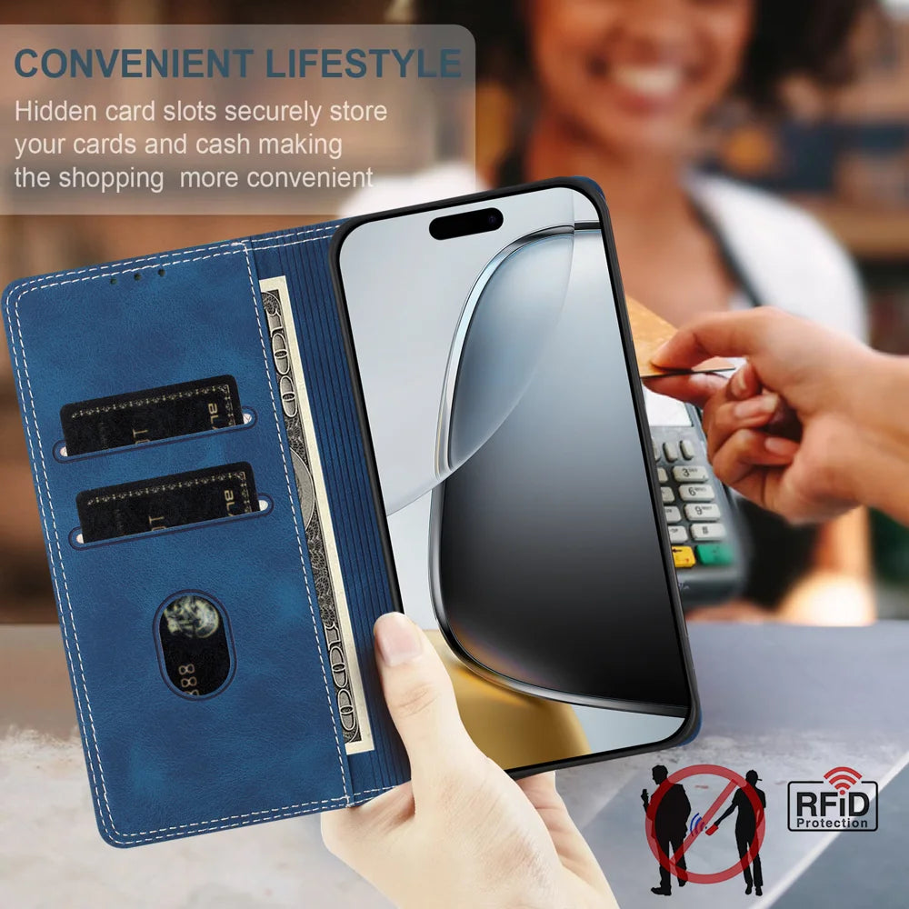 For OnePlus Ace 6 Ultra 5G Leather Case Skin Touch Color Splicing RFID Blocking Wallet Stand Phone Cover - Dark Blue / Blue - 4