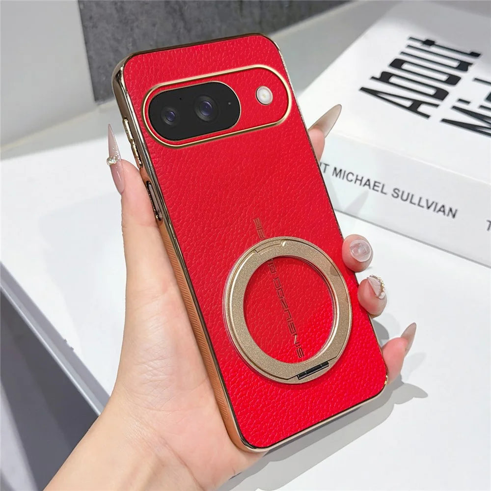 For Google Pixel 10 Magnetic Case Litchi Pattern TPU PU Cover with Electroplated Metal Ring Kickstand - Red - 1