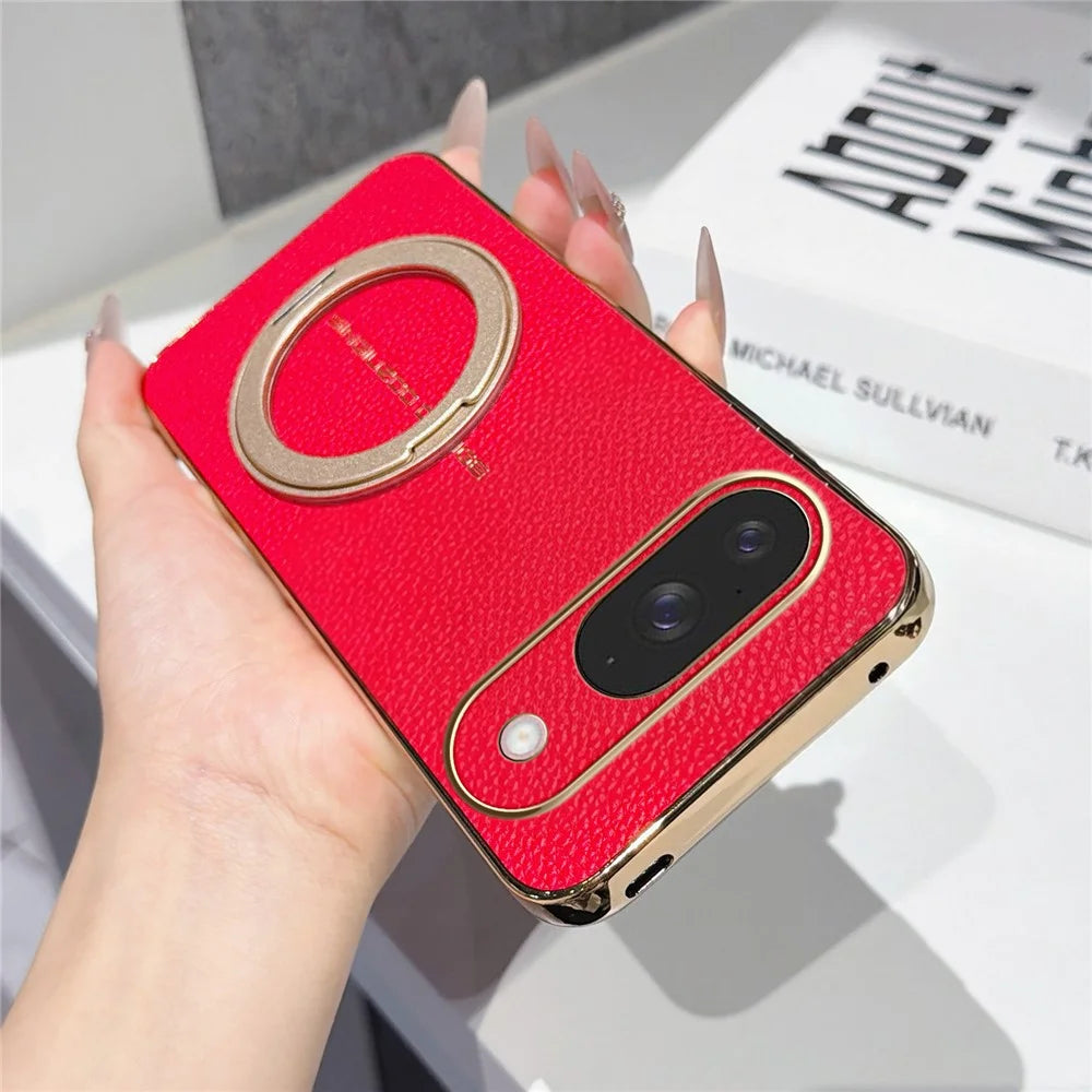 For Google Pixel 10 Magnetic Case Litchi Pattern TPU PU Cover with Electroplated Metal Ring Kickstand - Red - 2