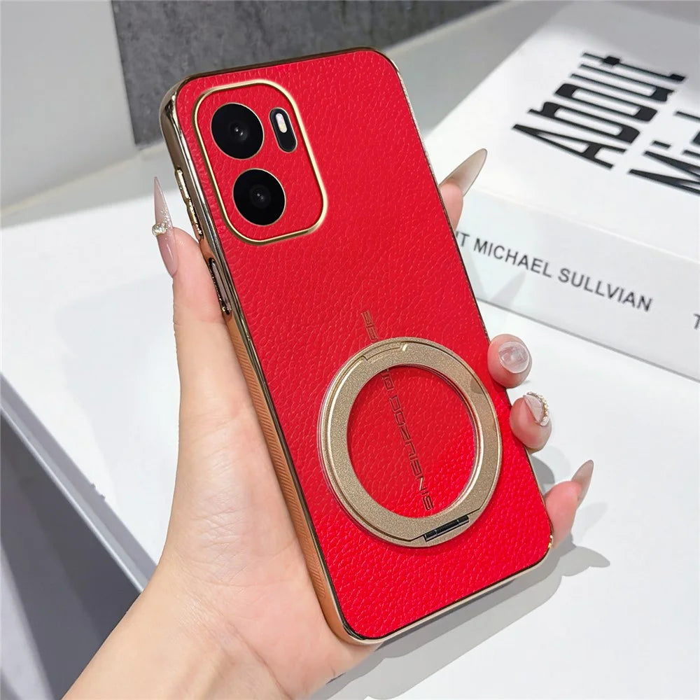 For OnePlus Ace 6 Ultra 5G Magnetic Case Litchi Pattern TPU PU Cover with Electroplated Metal Ring Kickstand - Red - 1