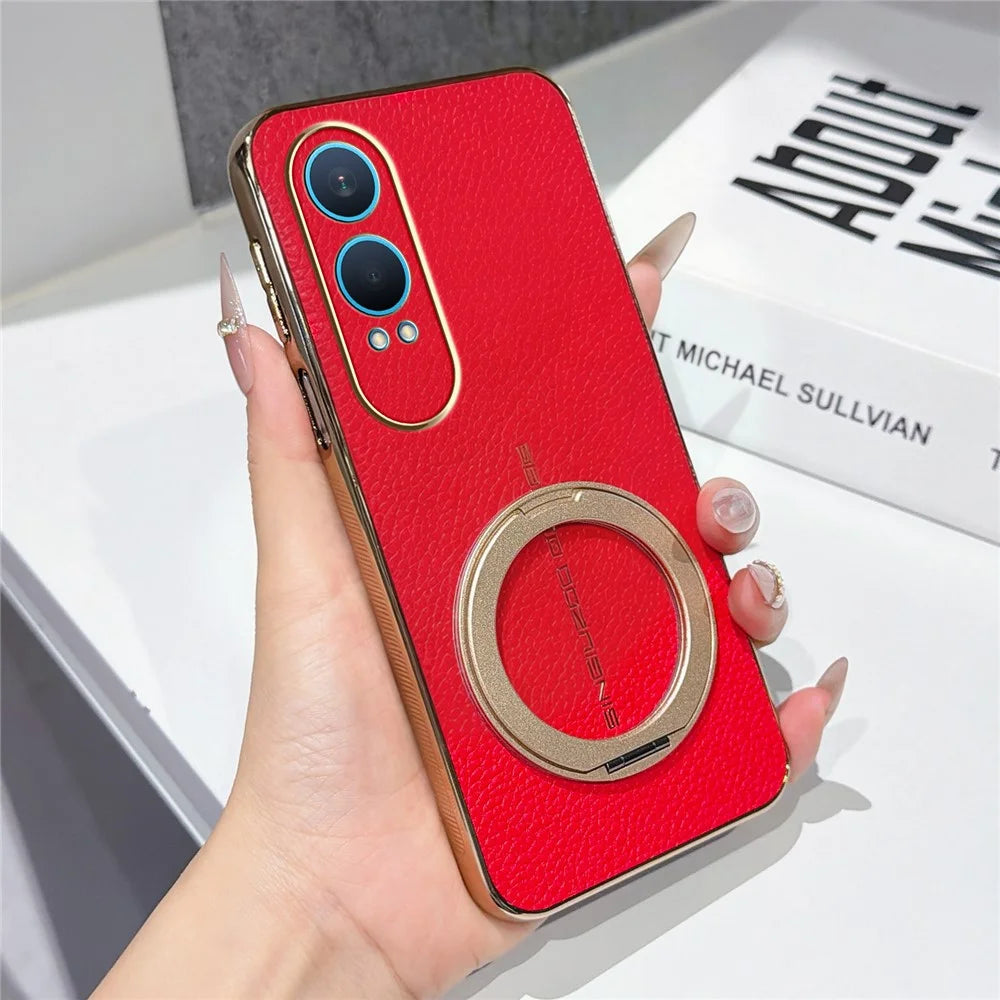 For OnePlus Nord CE4 Lite 5G Magnetic Case Litchi Pattern TPU PU Cover with Electroplated Metal Ring Kickstand - Red - 1