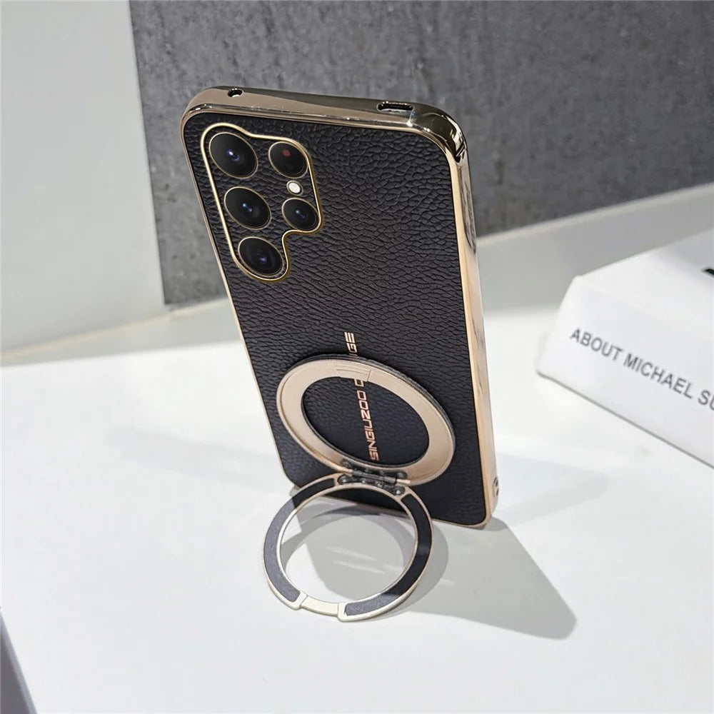 For Samsung Galaxy S25 Ultra Magnetic Case Litchi Pattern TPU PU Cover with Electroplated Metal Ring Kickstand - Black - 3