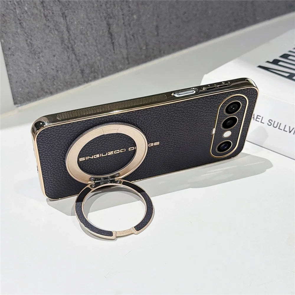 For vivo S50 Pro mini 5G Magnetic Case Litchi Pattern TPU PU Cover with Electroplated Metal Ring Kickstand - Black - 4