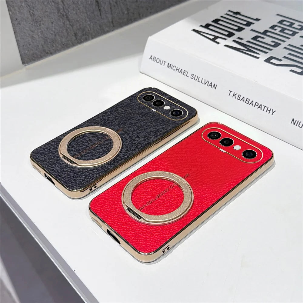 For vivo S50 Pro mini 5G Magnetic Case Litchi Pattern TPU PU Cover with Electroplated Metal Ring Kickstand - Black - 5