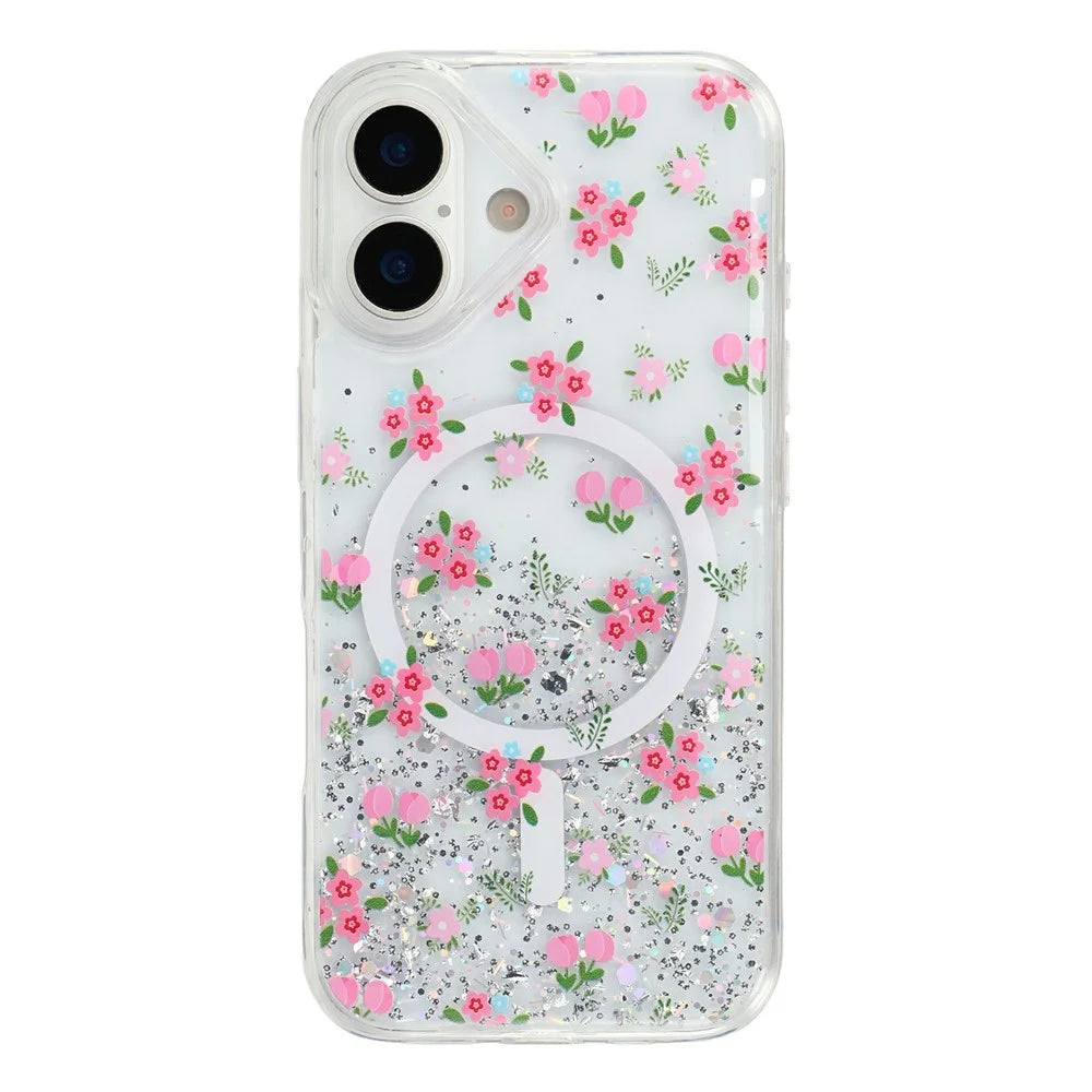 For iPhone 17 Magnetic Case Glitter Epoxy Clear TPU Shockproof Phone Cover Compatible with MagSafe - Tulip - 1