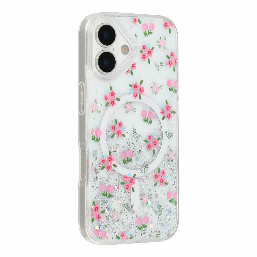 For iPhone 17 Magnetic Case Glitter Epoxy Clear TPU Shockproof Phone Cover Compatible with MagSafe - Tulip - 3