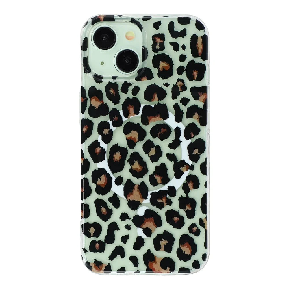 For iPhone 15 Magnetic Case Hollow Leopard Print Design TPU PC Phone Back Cover - Style 3 - 2