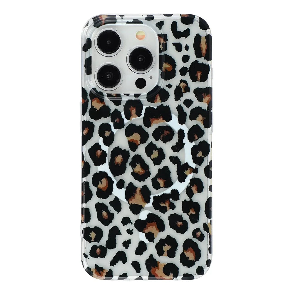 For iPhone 15 Pro Magnetic Case Hollow Leopard Print Design TPU PC Phone Back Cover - Style 3 - 2