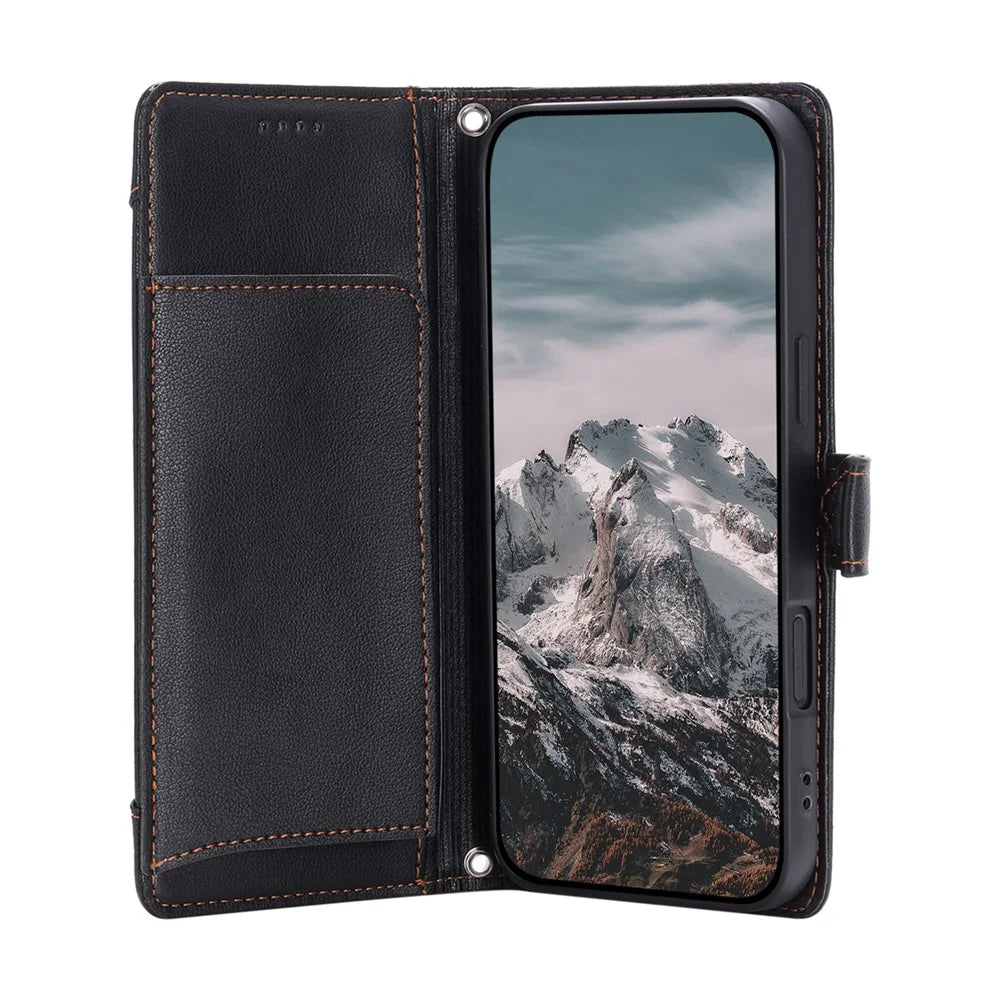 Wallet Case for iPhone SE (2022) / SE (2020) / iPhone 8 / 7 Litchi Texture Zipper Pocket Stand Leather Flip Phone Cover with Wrist Strap - Black - 2