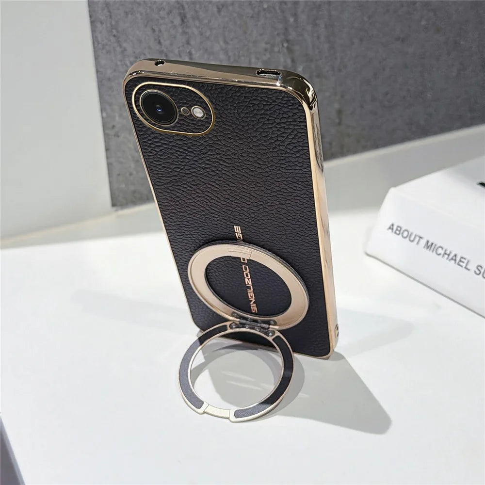Magnetic Case For iPhone 17e  /  16e Litchi Pattern TPU PU Cover with Electroplated Metal Ring Kickstand - Black - 3