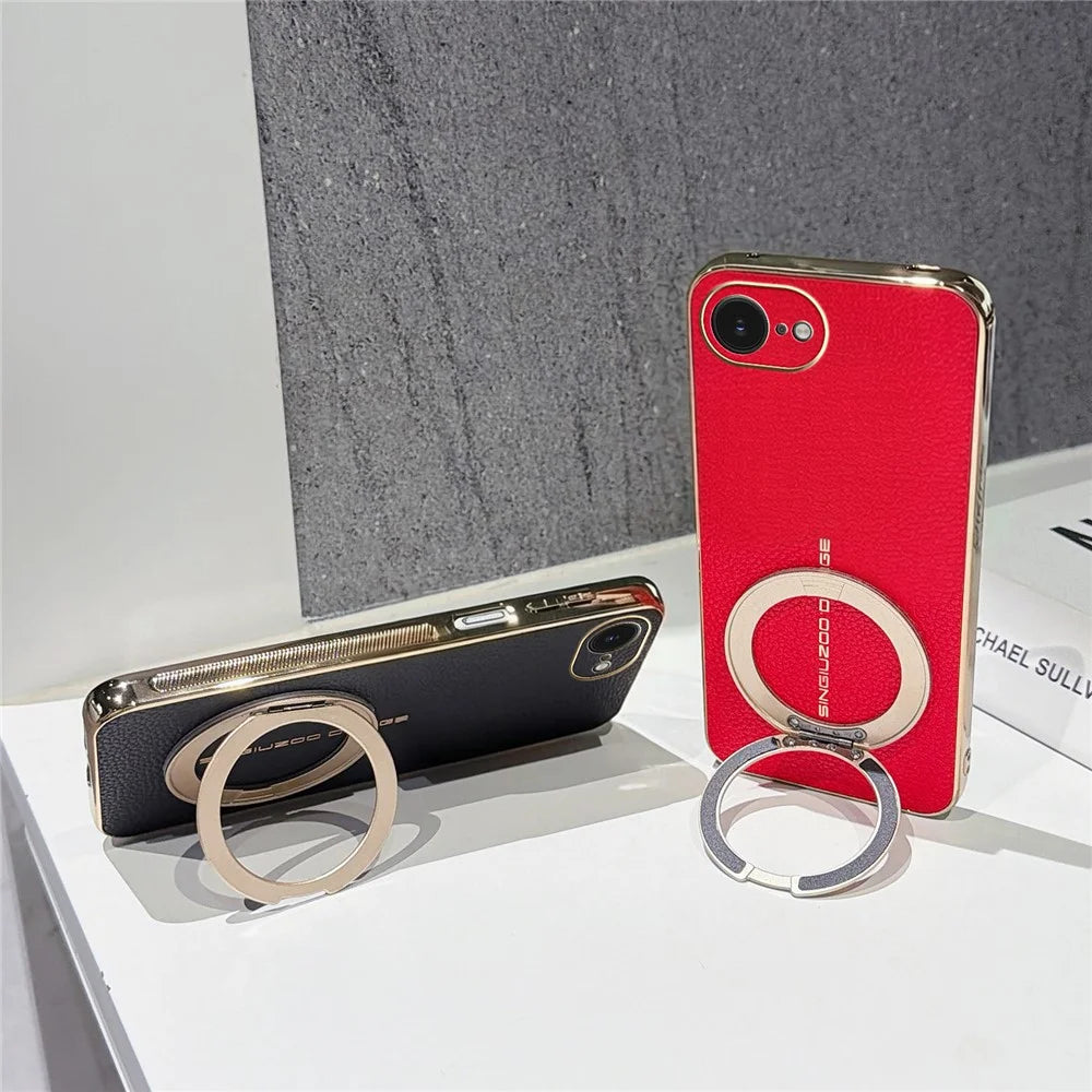 Magnetic Case For iPhone 17e  /  16e Litchi Pattern TPU PU Cover with Electroplated Metal Ring Kickstand - Black - 5