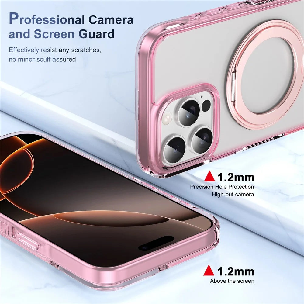 For iPhone 16 Pro Magnetic Case Rotating Kickstand PC + TPU Matte Phone Cover with Tempered Glass Film/Camera Button - Transparent Pink - 3