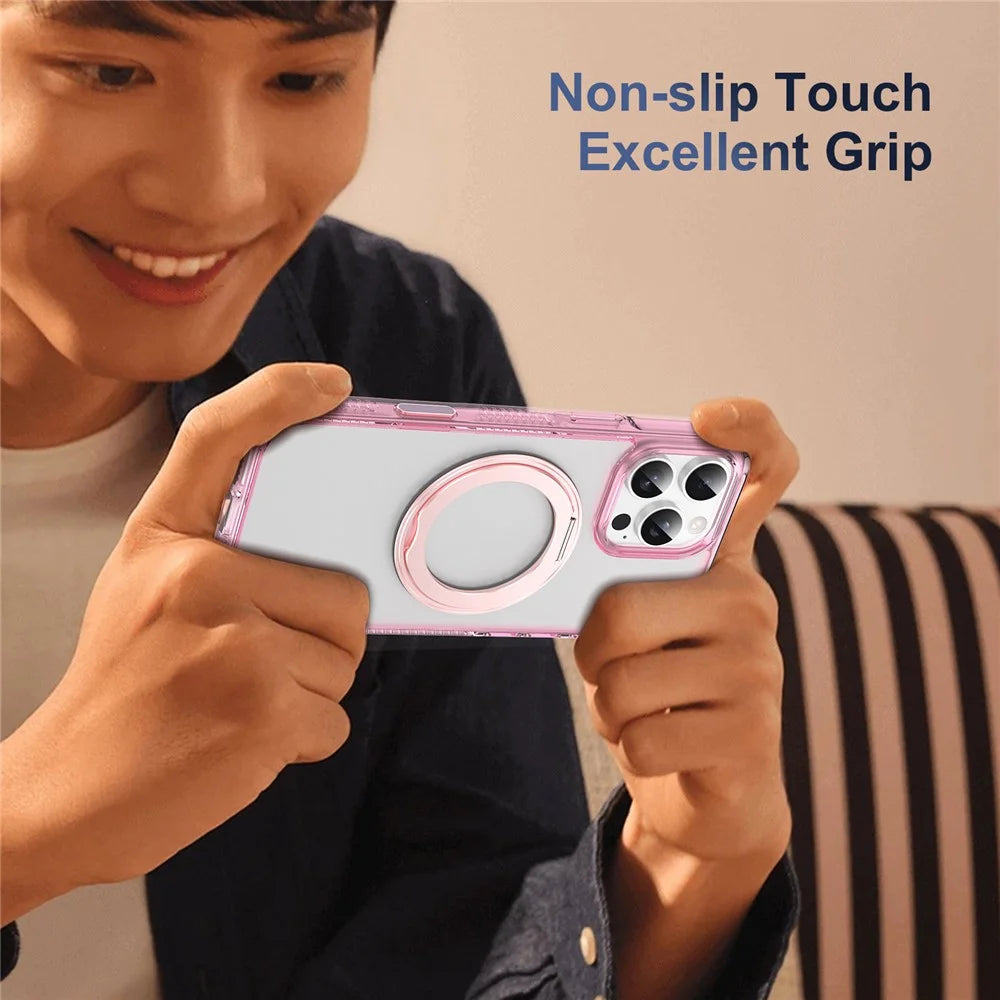For iPhone 16 Pro Magnetic Case Rotating Kickstand PC + TPU Matte Phone Cover with Tempered Glass Film/Camera Button - Transparent Pink - 5