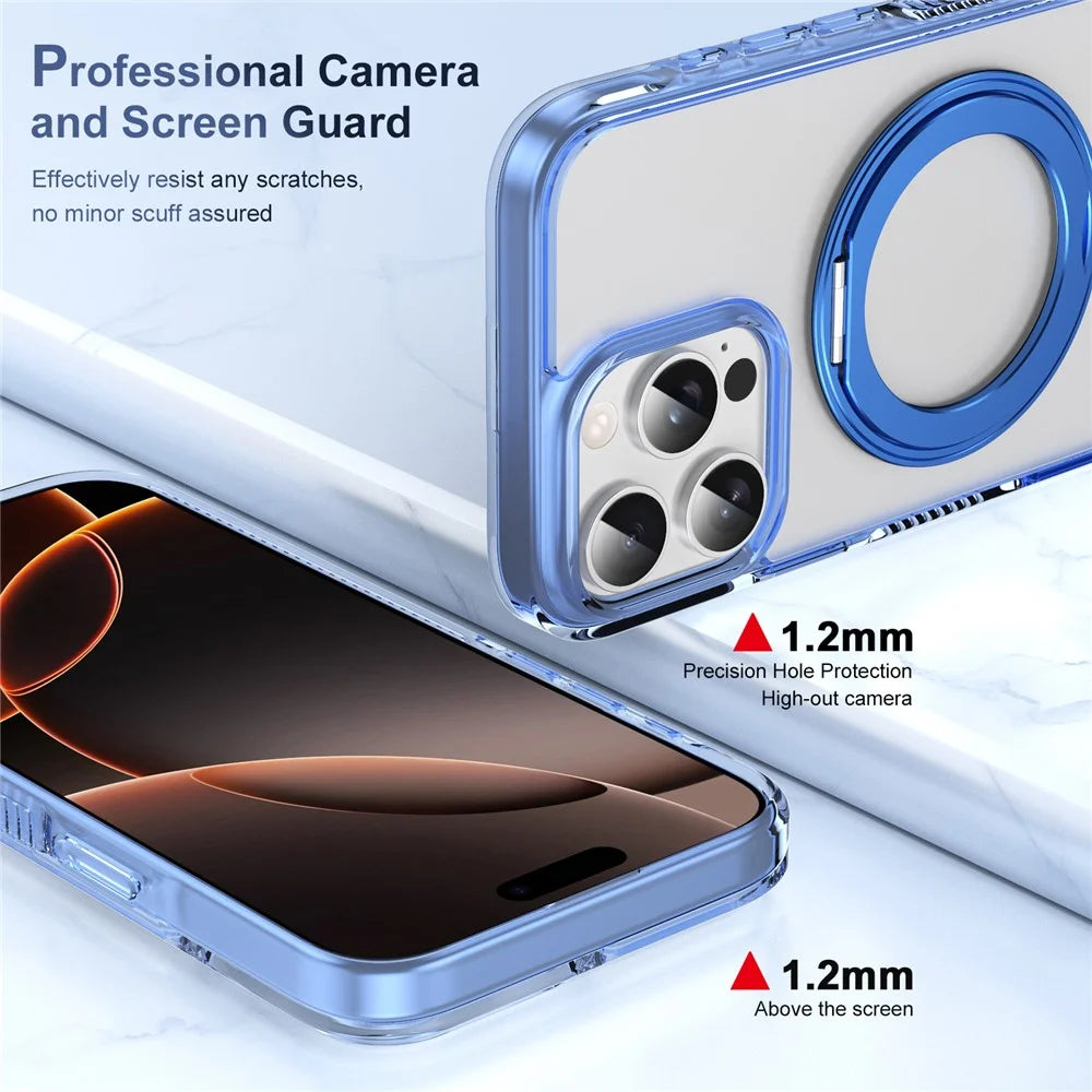 For iPhone 16 Pro Max Magnetic Case Rotating Kickstand PC + TPU Matte Phone Cover with Tempered Glass Film / Camera Button - Transparent Blue - 3