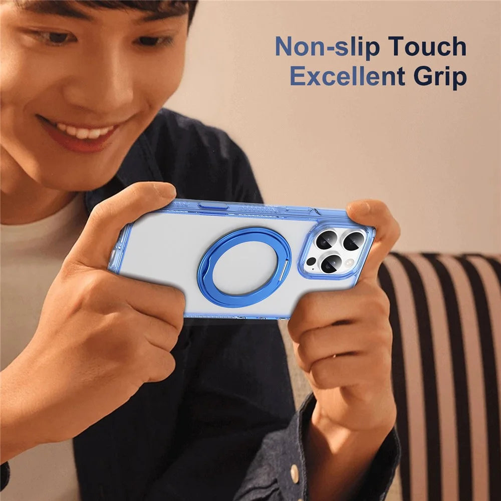 For iPhone 16 Pro Max Magnetic Case Rotating Kickstand PC + TPU Matte Phone Cover with Tempered Glass Film / Camera Button - Transparent Blue - 5