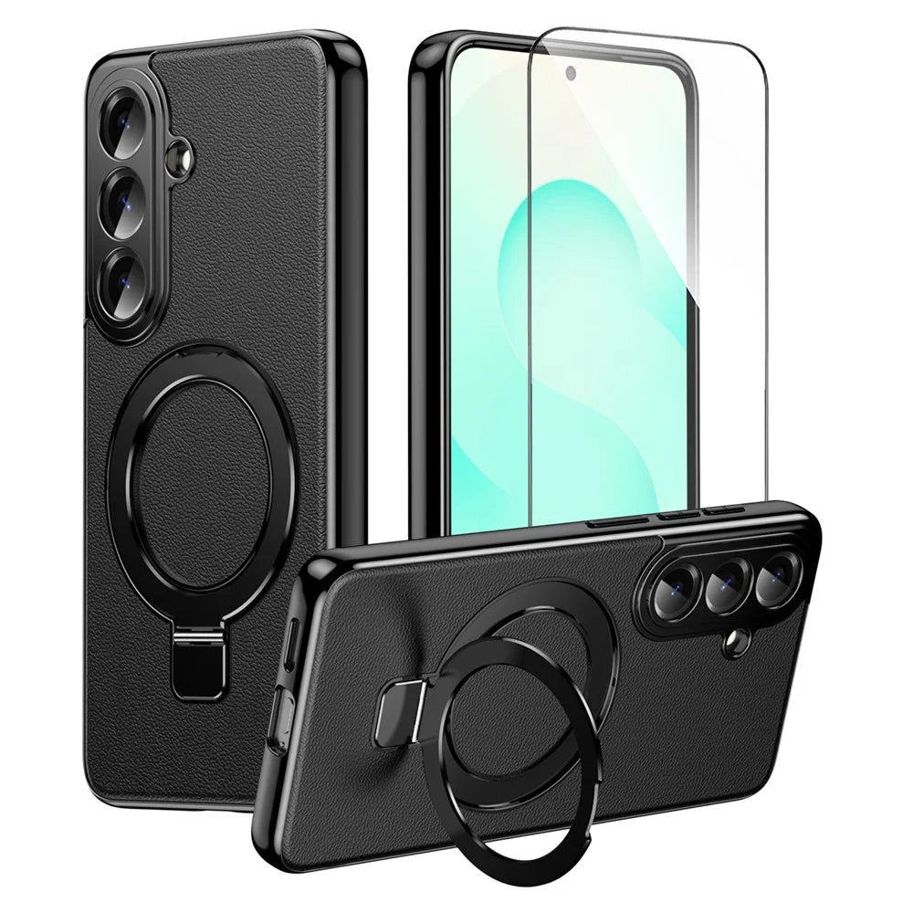 For Samsung Galaxy S26 Magnetic Case PC PU Leather Cover with 360° Rotating Kickstand + Tempered Glass Screen Protector - Black - 1
