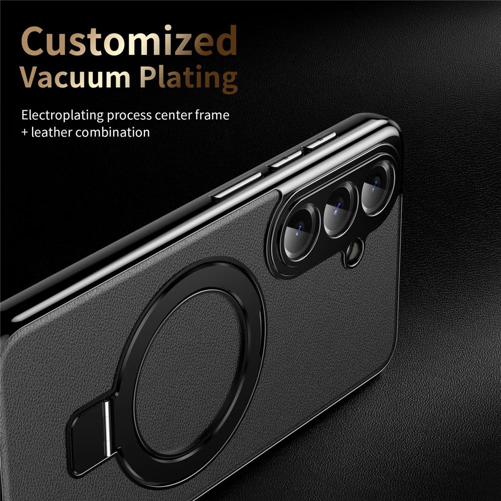 For Samsung Galaxy S26 Magnetic Case PC PU Leather Cover with 360° Rotating Kickstand + Tempered Glass Screen Protector - Black - 6