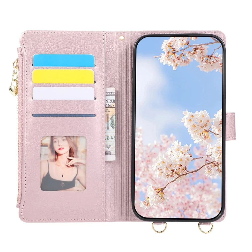 For Samsung Galaxy A57 5G Case Magnetic Ring Buckle Zipper Pocket Rhombic Leather Phone Cover with Wrist Strap - Pink - 2